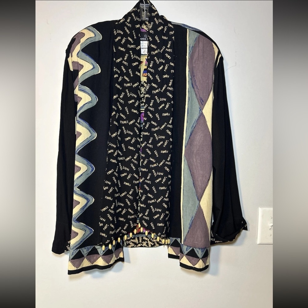 Vintage Carole Little art jacket size 12 rayon  gauze abstract Paris beaded trim - Picture 2 of 16